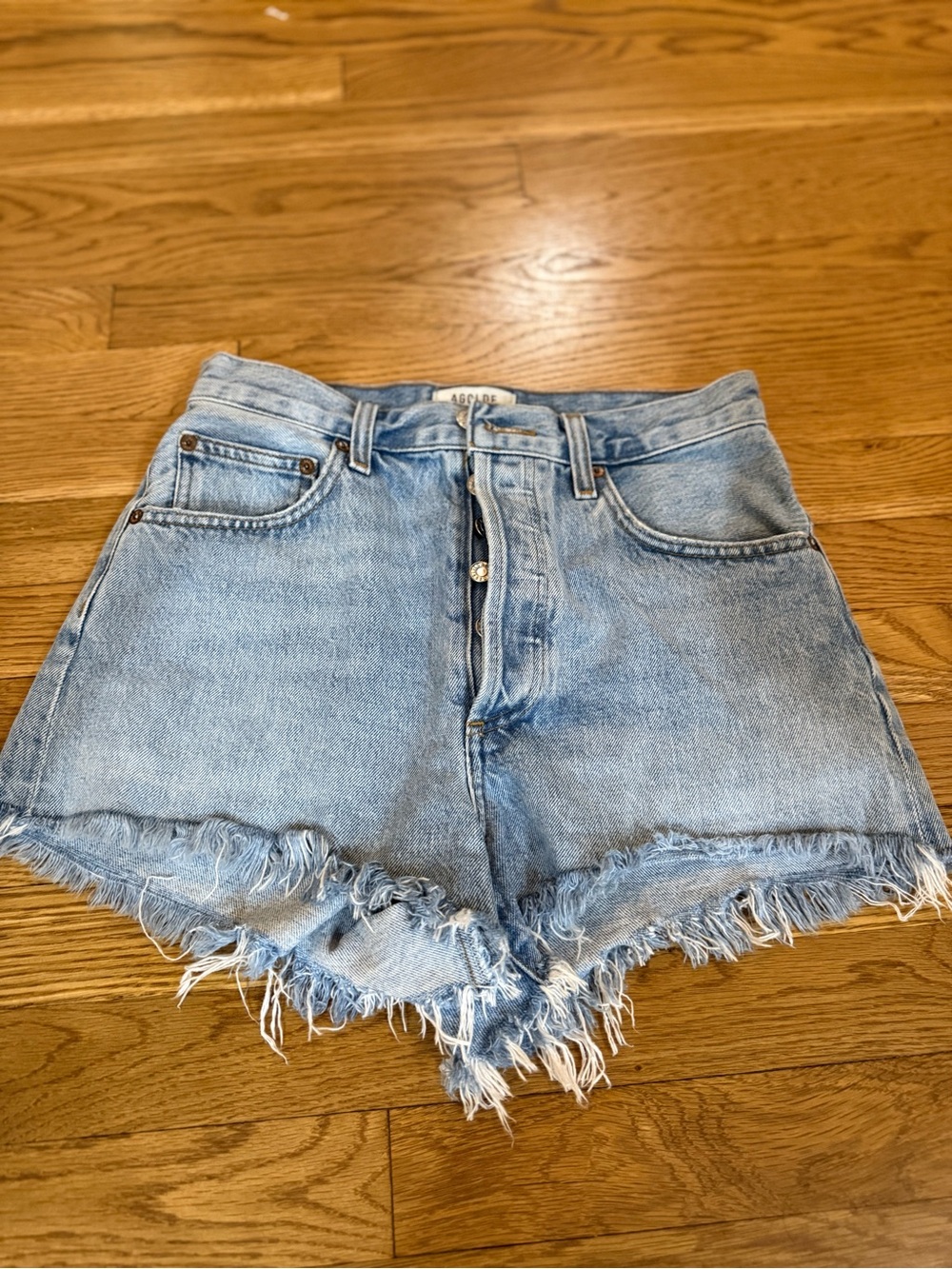 Agolde Light Blue High-Waist Distressed Denim Shorts